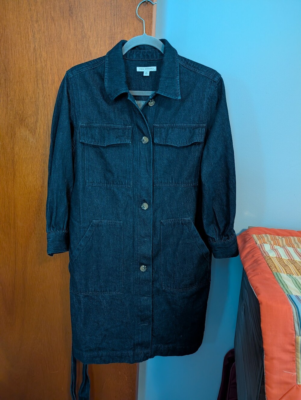 Free Assembly Dark Indigo Denim Dress Full Button Front Tie Waist Women's Size M